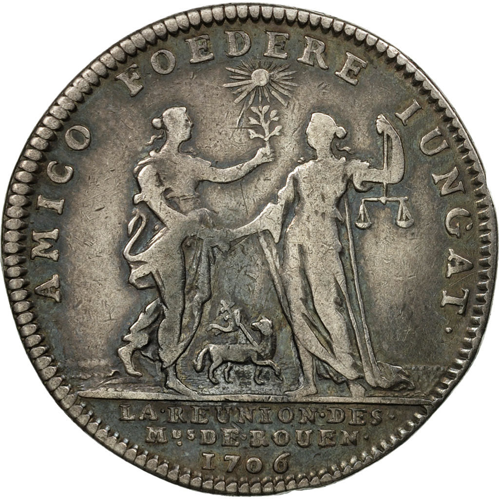 France, Jeton, Louis XIV, Réunion des Marchands de Rouen, 1706, TB, Argent