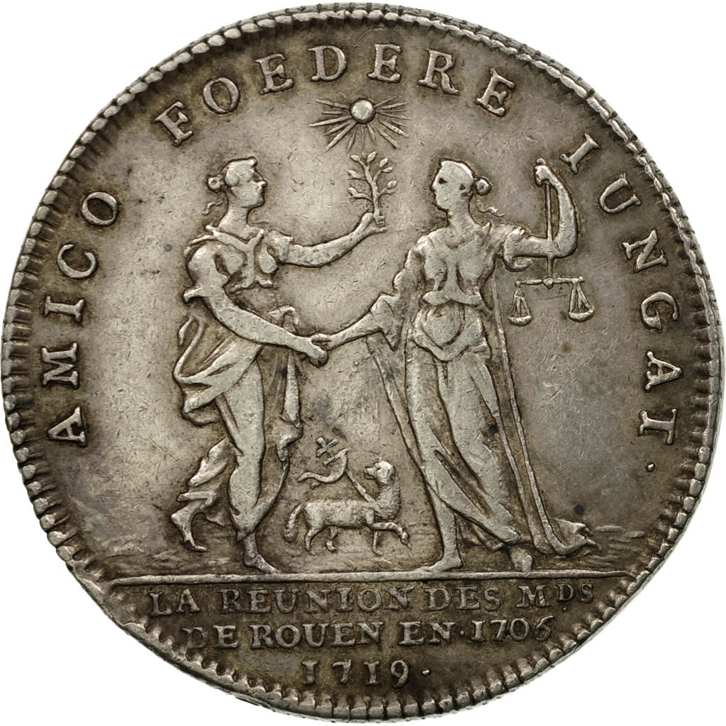 France, Jeton, Louis XV, Réunion des Marchands de Rouen, 1719, TTB, Argent