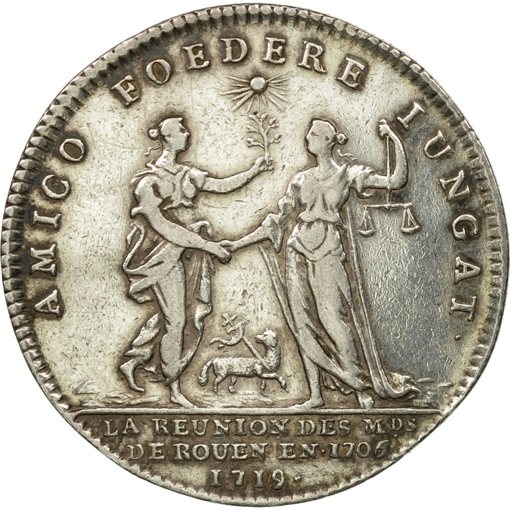 France, Jeton, Louis XV, Réunion des Marchands de Rouen, 1719, TTB+, Argent