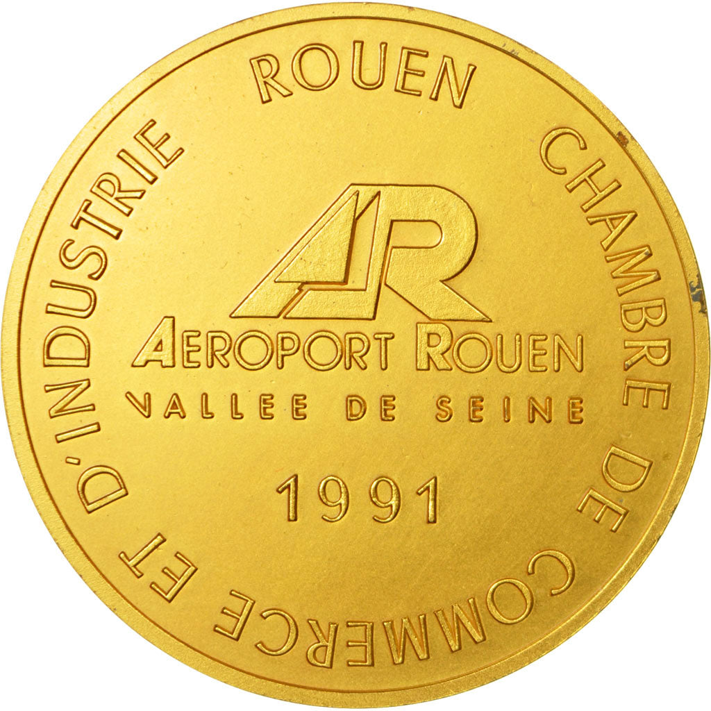 Francia, medalla, Aéroport de Rouen, Vallée de Seine, 1991, FDC, Oro vermeil