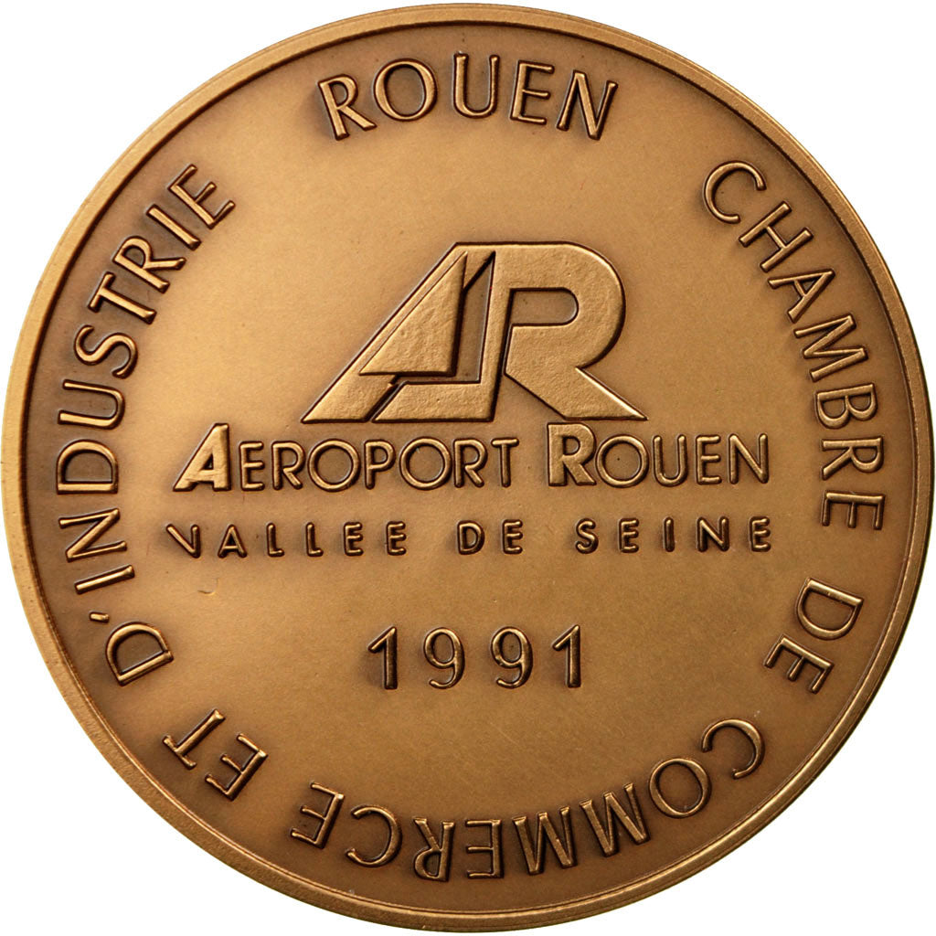 Francia, medalla, Aéroport de Rouen, Vallée de Seine, 1991, FDC, Bronce