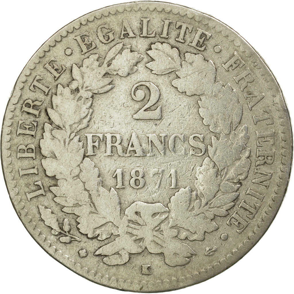 Münze, Frankreich, Cérès, 2 Francs, 1871, Bordeaux, SGE+, Silber, KM:817.2