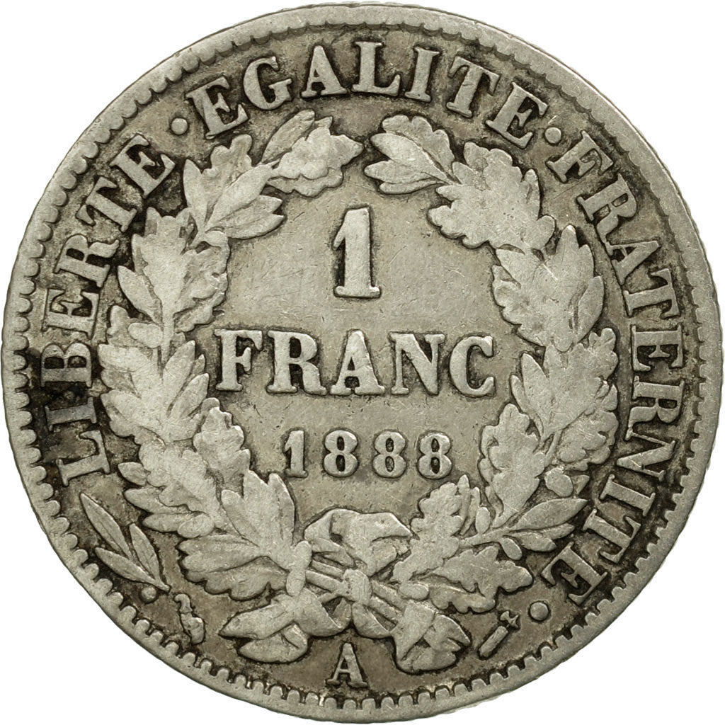 Moneta, Francia, Cérès, Franc, 1888, Paris, MB+, Argento, KM:822.1