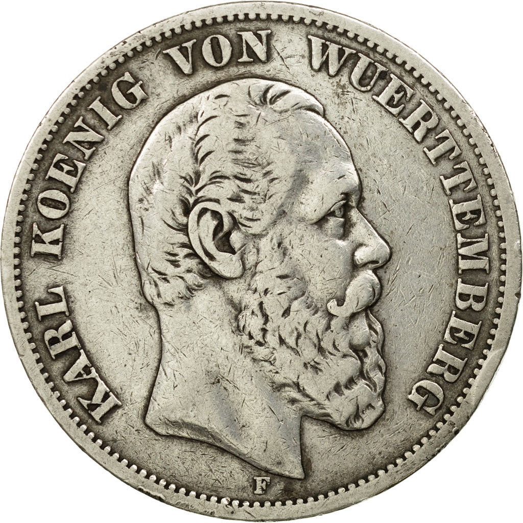 Coin, German States, WURTTEMBERG, Karl I, 5 Mark, 1876, Freudenstadt, VF(30-35)