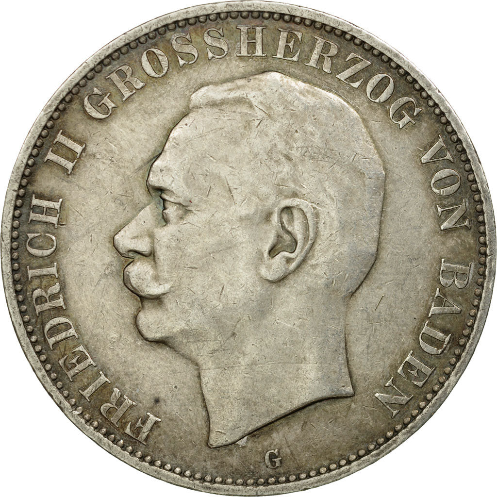 Coin, German States, BADEN, Friedrich II, 5 Mark, 1913, Stuttgart, EF(40-45)