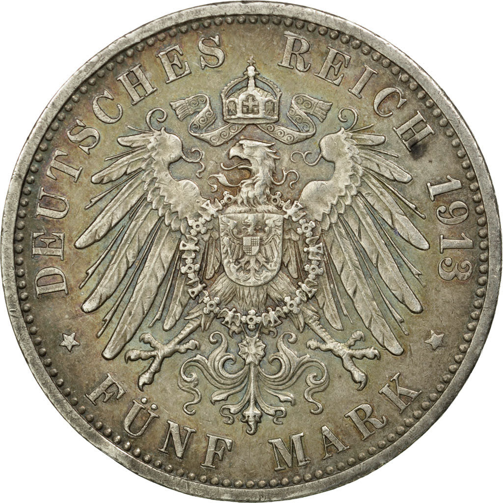 Coin, German States, BADEN, Friedrich II, 5 Mark, 1913, Stuttgart, EF(40-45)