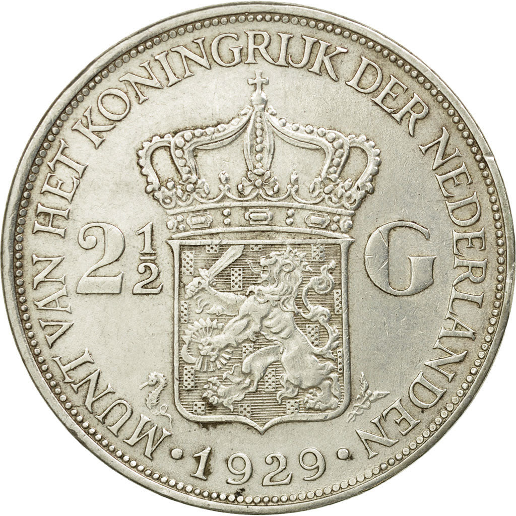 Coin, Netherlands, Wilhelmina I, 2-1/2 Gulden, 1929, Utrecht, AU(55-58), Silver