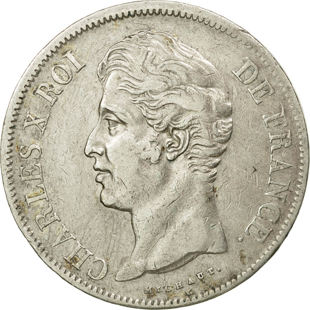 Coin, France, Charles X, 5 Francs, 1827, Rouen, EF(40-45), Silver, KM:728.2