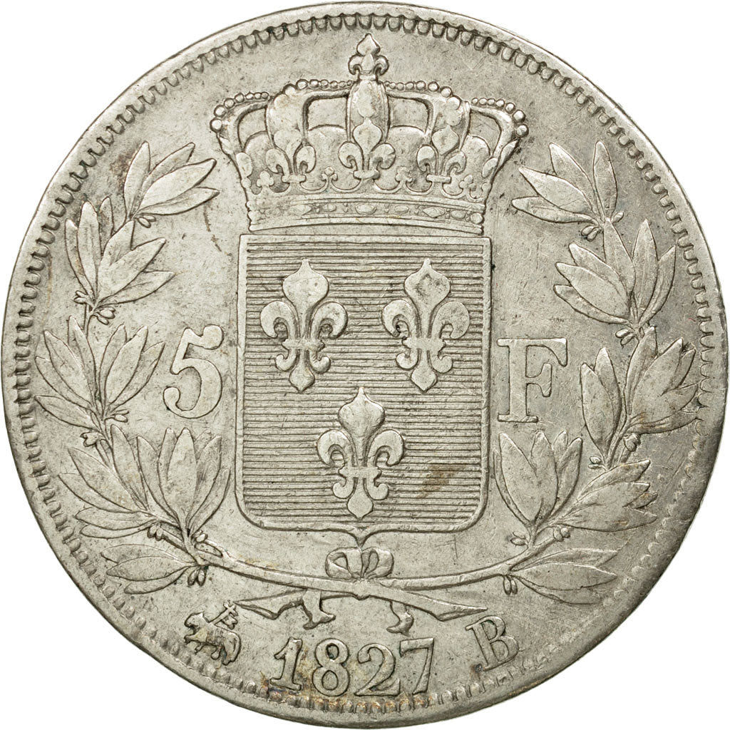 Coin, France, Charles X, 5 Francs, 1827, Rouen, EF(40-45), Silver, KM:728.2
