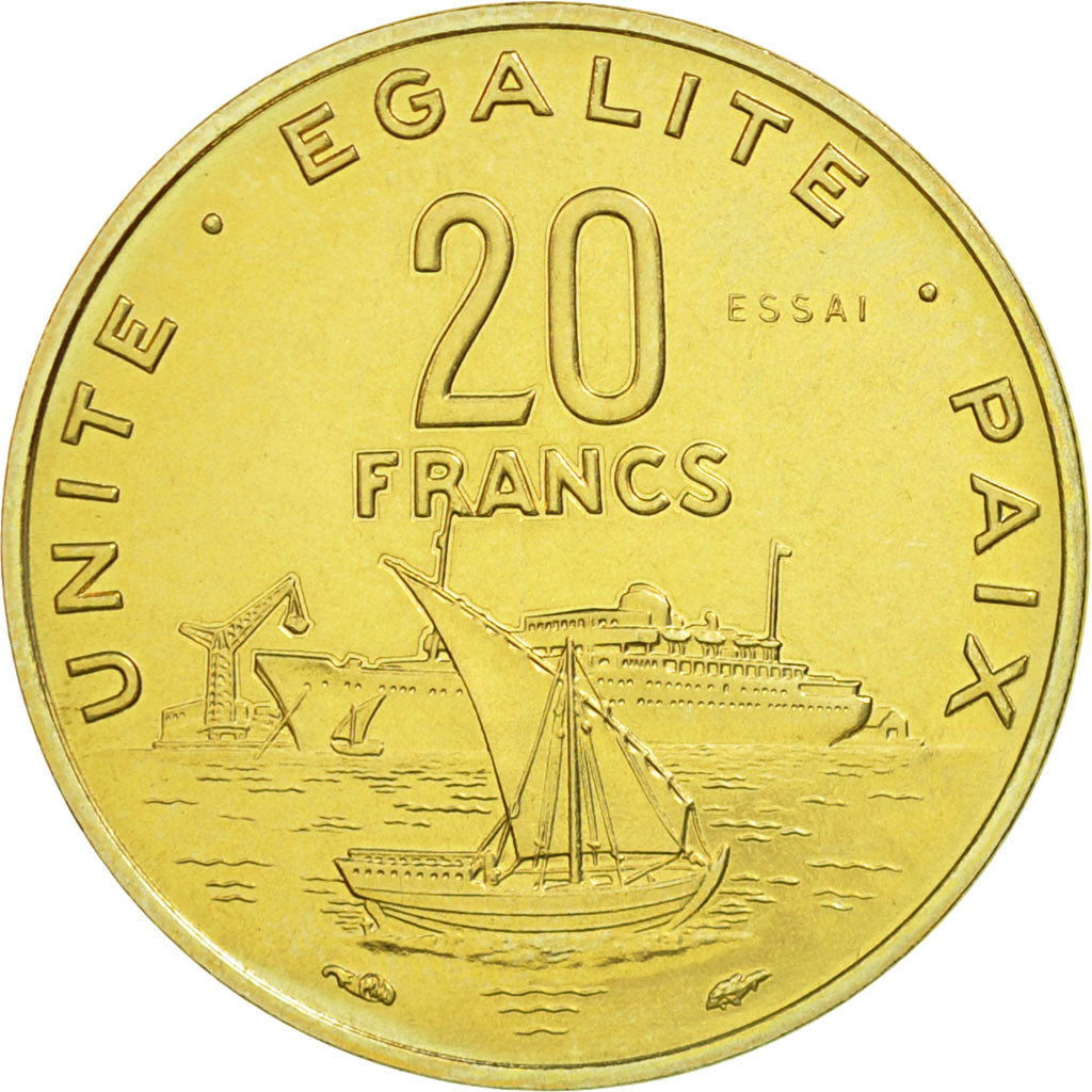 Moneta, Dżibuti, 20 Francs, 1977, Paris, PRÓBA, MS(65-70), Aluminium-Brąz