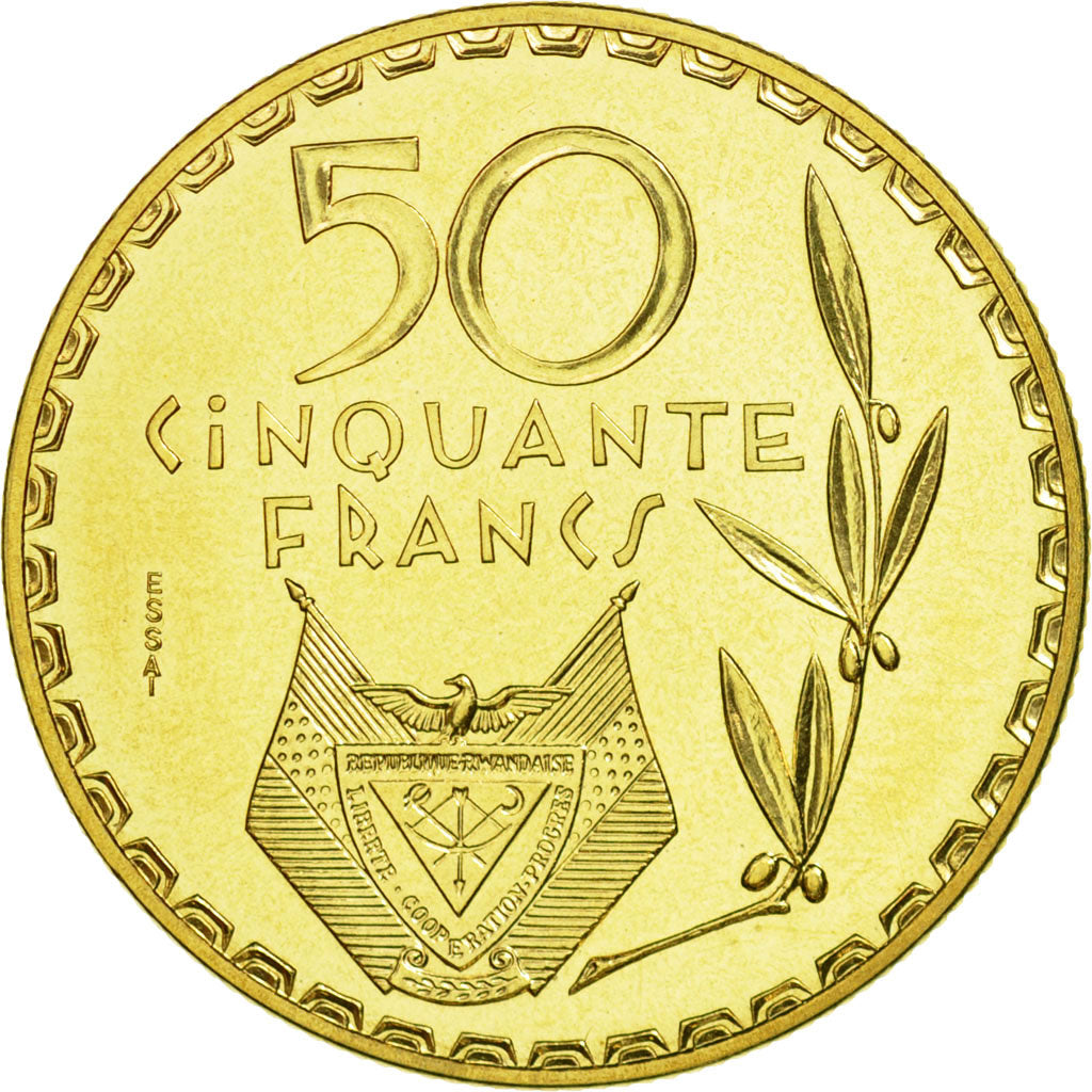 Moneta, Ruanda, 50 Francs, 1977, Paris, PRÓBA, MS(65-70), Mosiądz, KM:E7