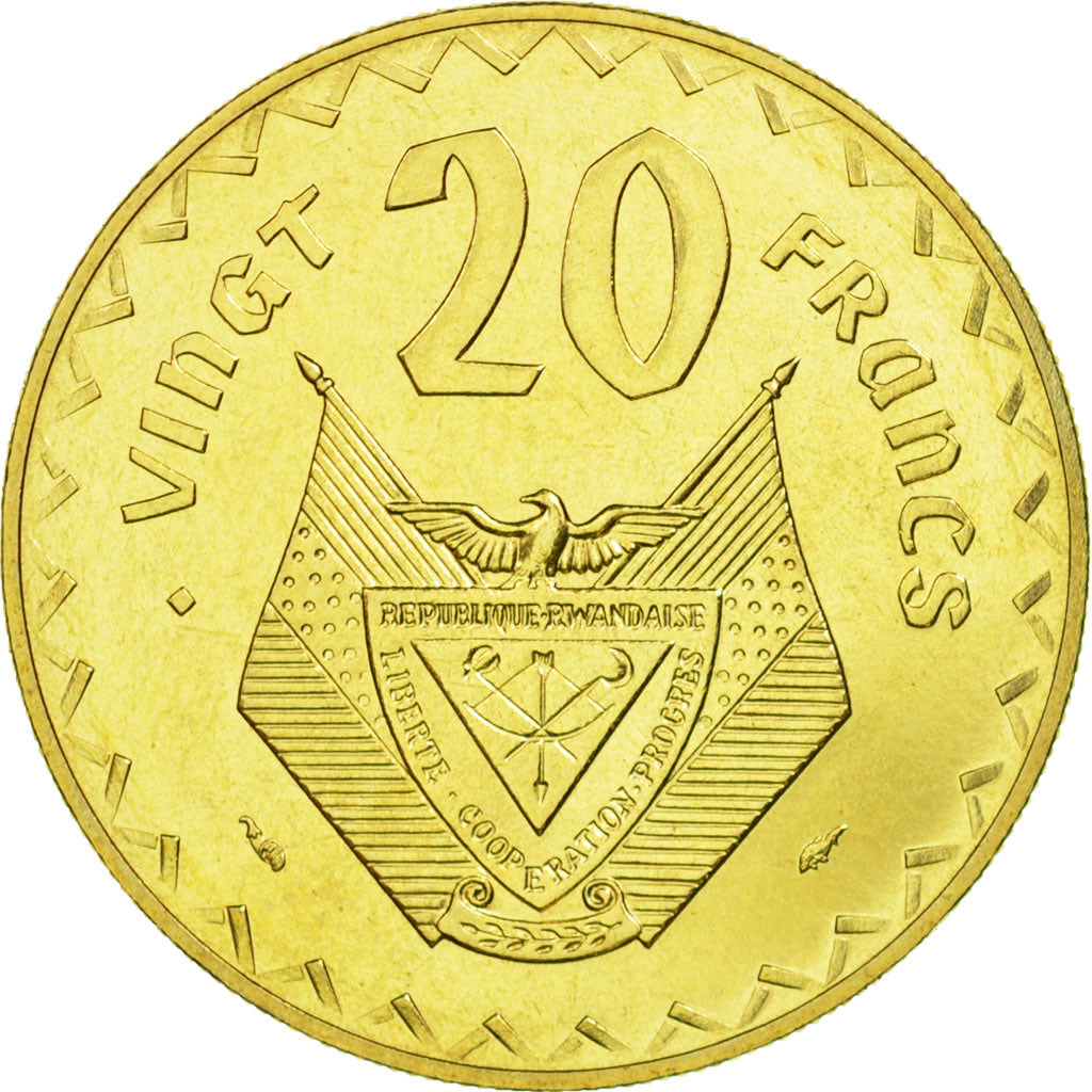 Coin, Rwanda, 20 Francs, 1977, Paris, ESSAI, MS(65-70), Brass, KM:E6