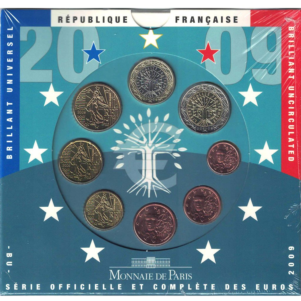 FRANCE, Set, 1 Cent to 2 Euro, 2009, MS(65-70)