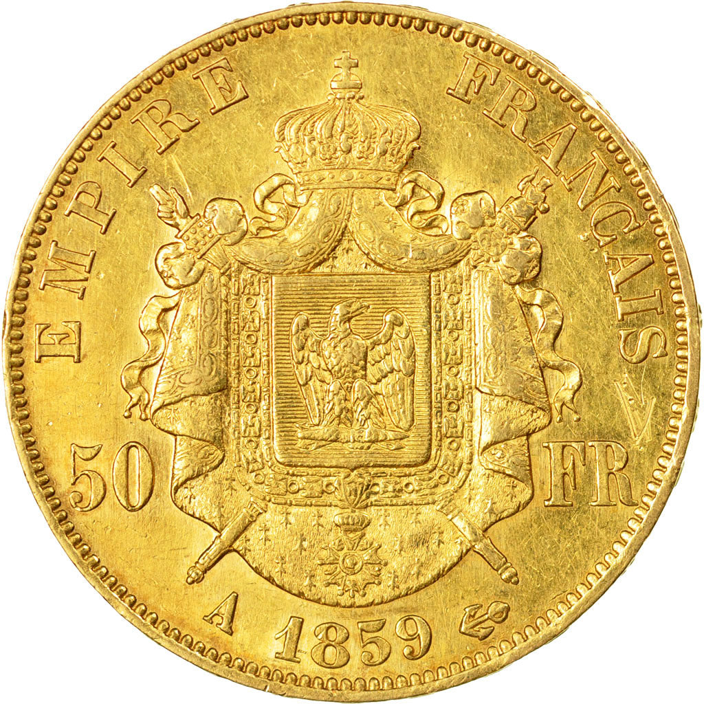Moneda, Francia, Napoleon III, Napoléon III, 50 Francs, 1859, Paris, MBC+, Oro