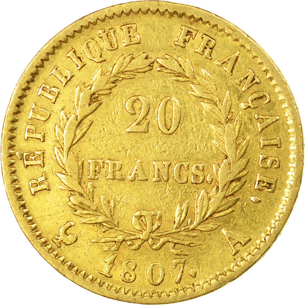 Moneda, Francia, Napoléon I, 20 Francs, 1807, Paris, BC+, Oro, KM:A687.1