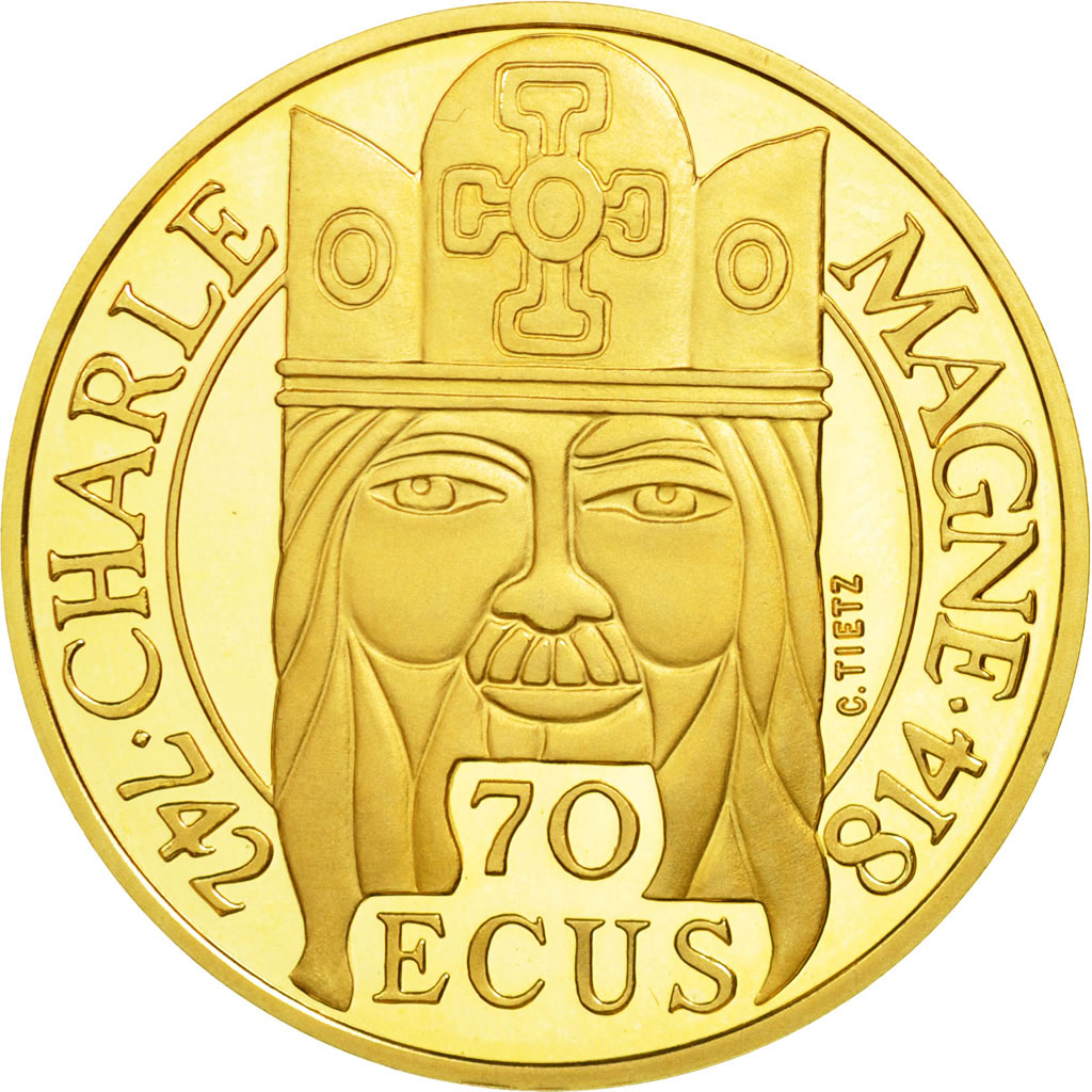 Münze, Frankreich, Charlemagne, 500 Francs-70 Ecus, 1990, STGL, Gold, KM:990