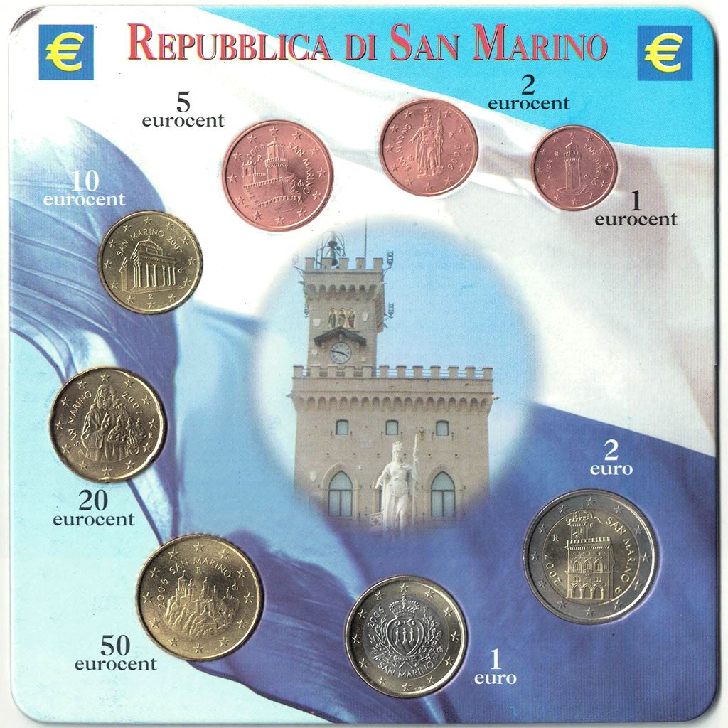San Marino, Set, 1 Cent to 2 Euro, 2006-2007, Bi-Metallic