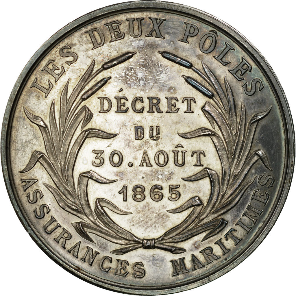 France, Token, Assurances Maritimes, Les Deux Pôles, 1865, MS(60-62), Silver