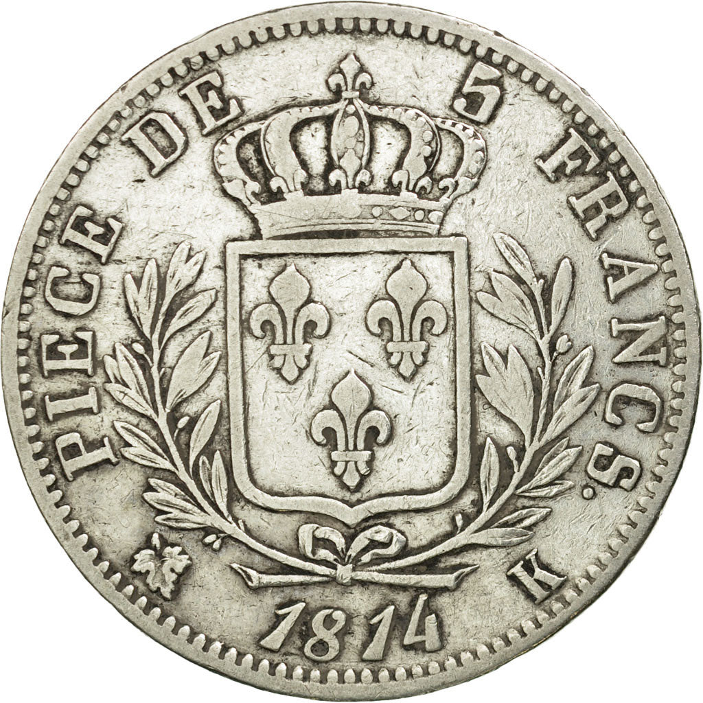Coin, France, Louis XVIII, 5 Francs, 1814, Bordeaux, VF(30-35), Silver