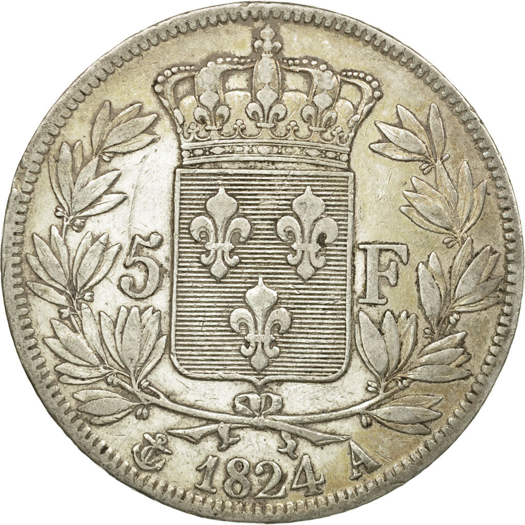Coin, France, Louis XVIII, 5 Francs, 1824, Paris, EF(40-45), Silver