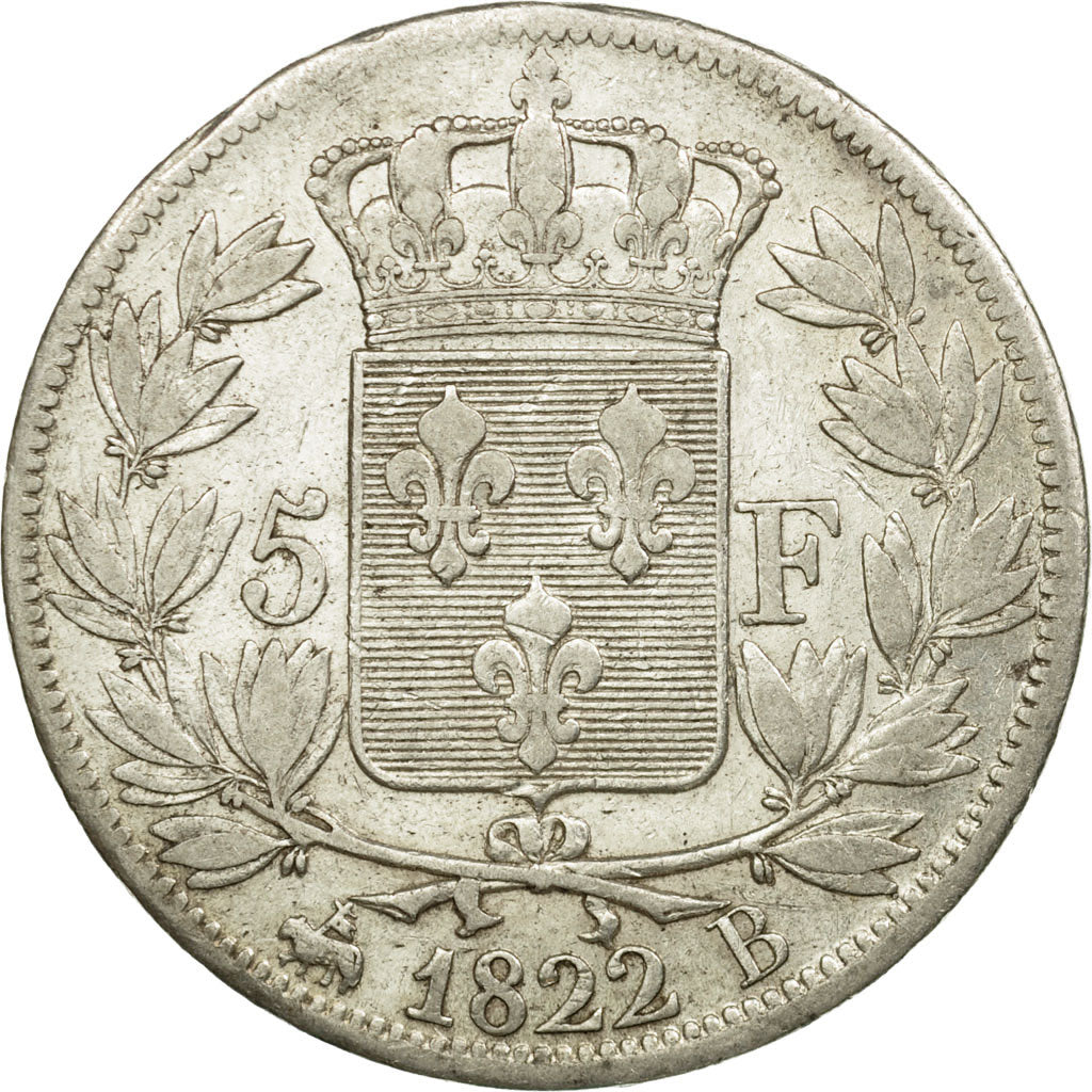 Munten, Frankrijk, Louis XVIII, Louis XVIII, 5 Francs, 1822, Rouen, FR+, Zilver