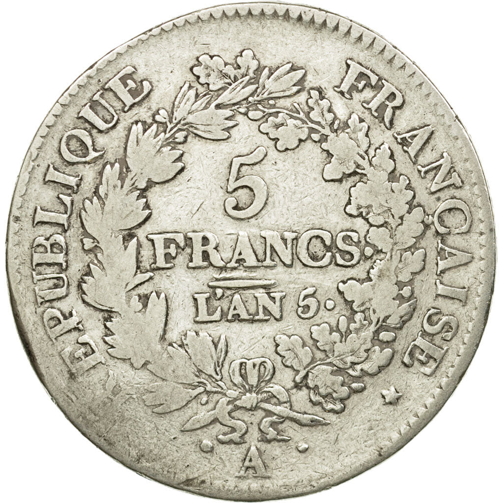 Moneda, Francia, Union et Force, 5 Francs, 1796, Paris, BC, Plata, KM:639.1