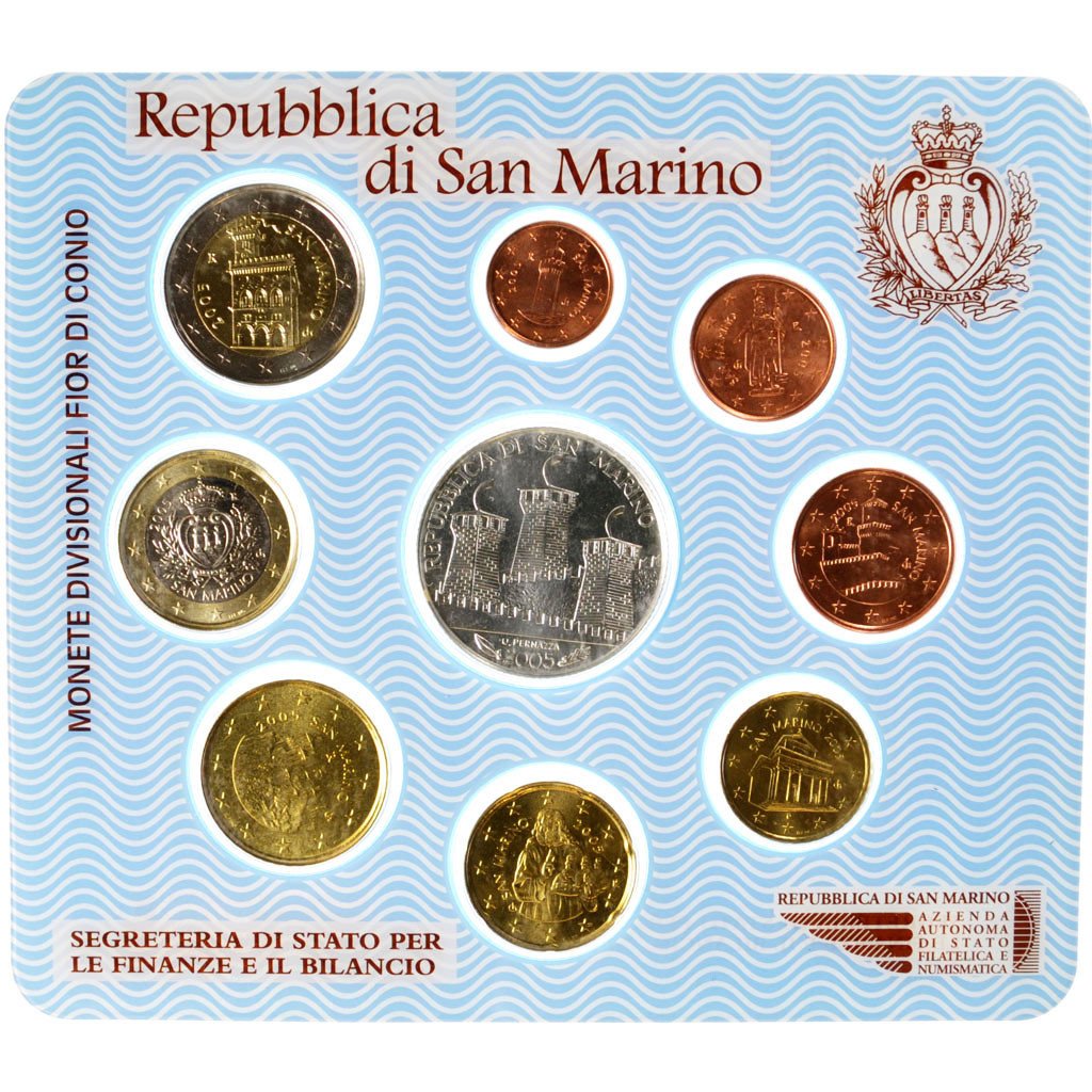 San Marino, Set 1 Cent to 5 Euro, 2005, MS(65-70)
