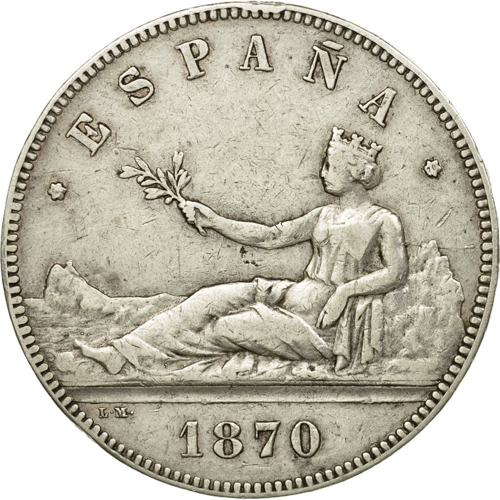 Moneda, España, Provisional Government, 5 Pesetas, 1870, Madrid, MBC, Plata