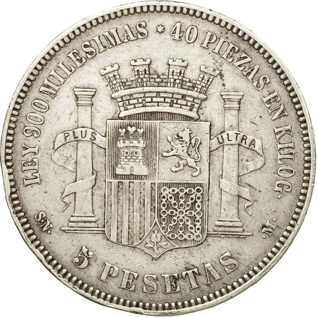 Moneda, España, Provisional Government, 5 Pesetas, 1870, Madrid, MBC, Plata