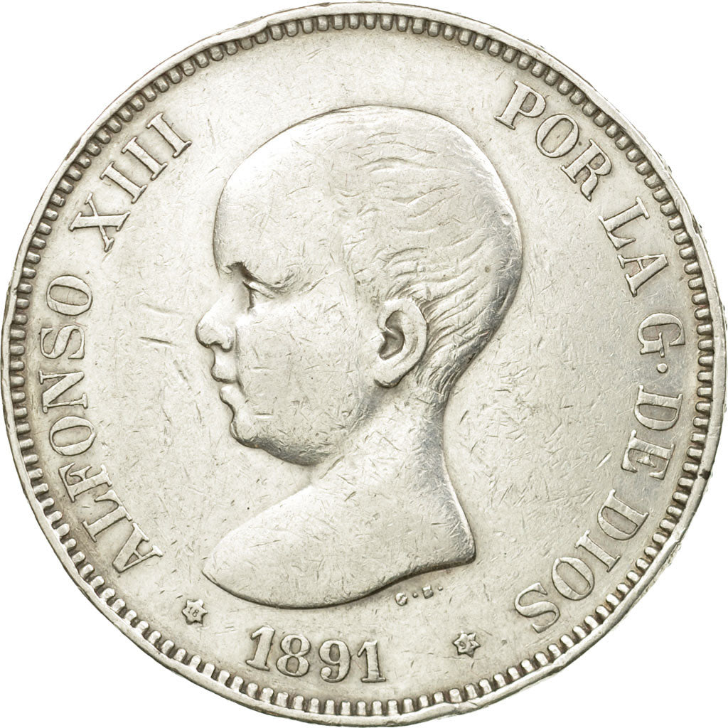 Moneta, Spagna, Alfonso XIII, 5 Pesetas, 1891, Madrid, MB+, Argento, KM:689