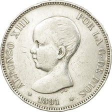 Moneta, Spagna, Alfonso XIII, 5 Pesetas, 1891, Madrid, MB+, Argento, KM:689