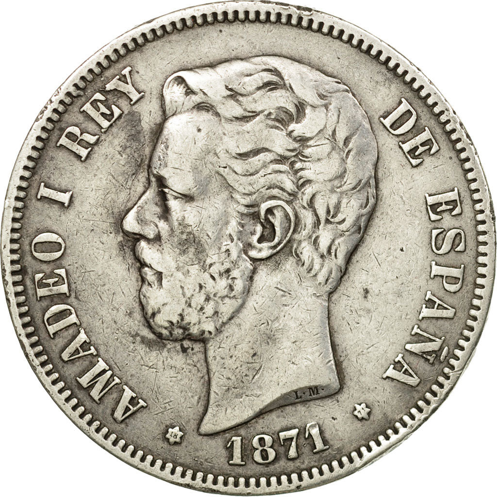 Moneta, Spagna, Amadeao I, 5 Pesetas, 1871, Madrid, MB+, Argento, KM:666
