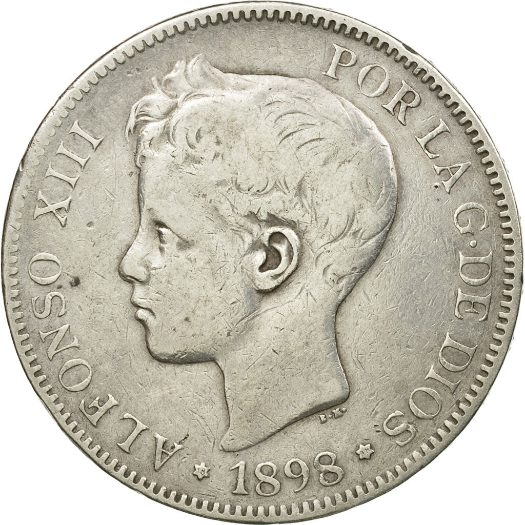 Moneta, Spagna, Alfonso XIII, 5 Pesetas, 1898, Madrid, MB, Argento, KM:707