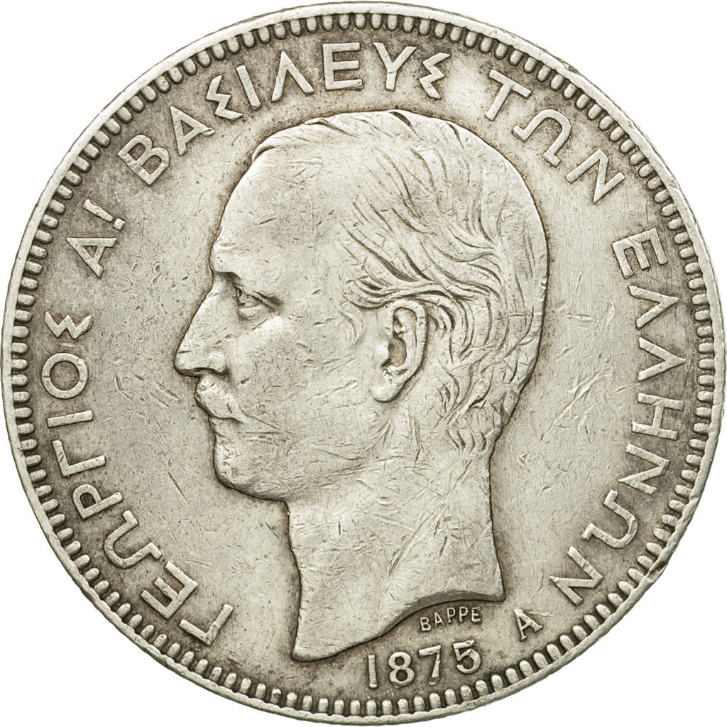 Coin, Greece, George I, 5 Drachmai, 1875, Paris, EF(40-45), Silver, KM:46