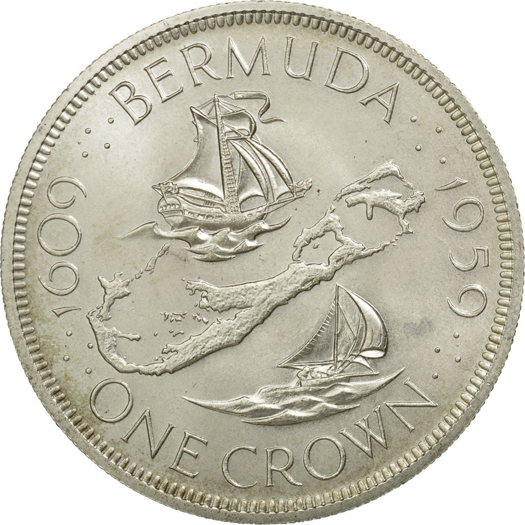 Coin, Bermuda, Elizabeth II, Crown, 1959, British Royal Mint, MS(60-62), Silver