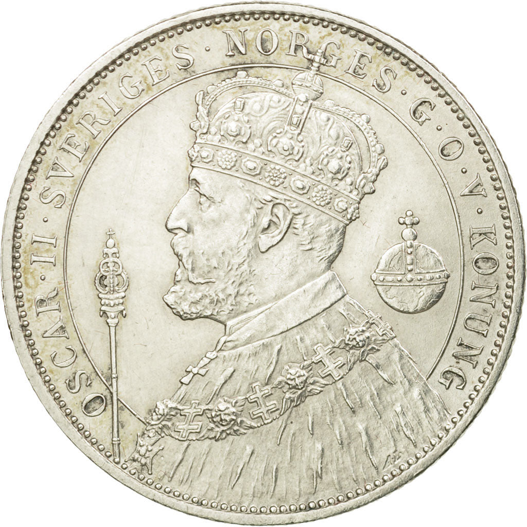 Coin, Sweden, Oscar II, 2 Kronor, 1897, MS(60-62), Silver, KM:762