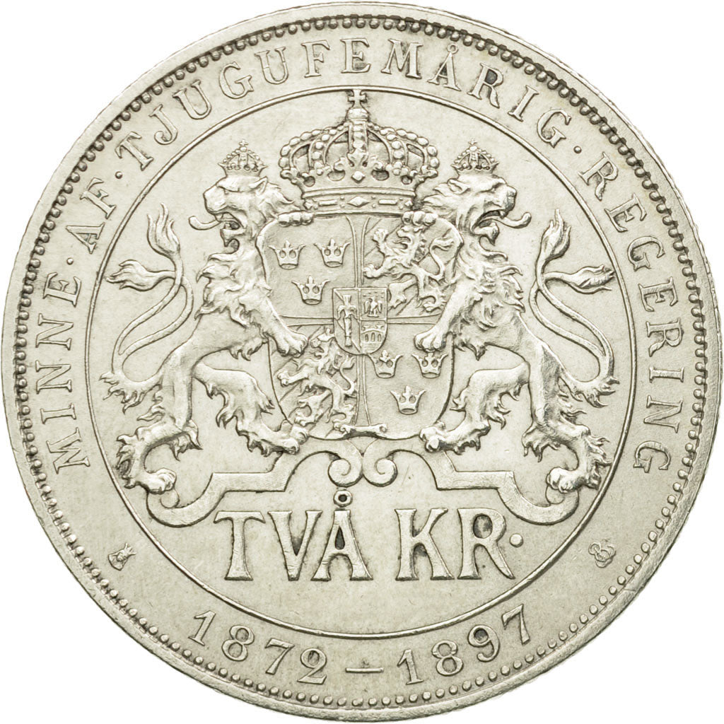 Coin, Sweden, Oscar II, 2 Kronor, 1897, MS(60-62), Silver, KM:762