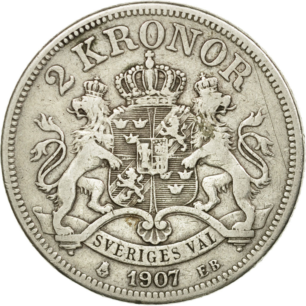 Coin, Sweden, Oscar II, 2 Kronor, 1907, VF(20-25), Silver, KM:773
