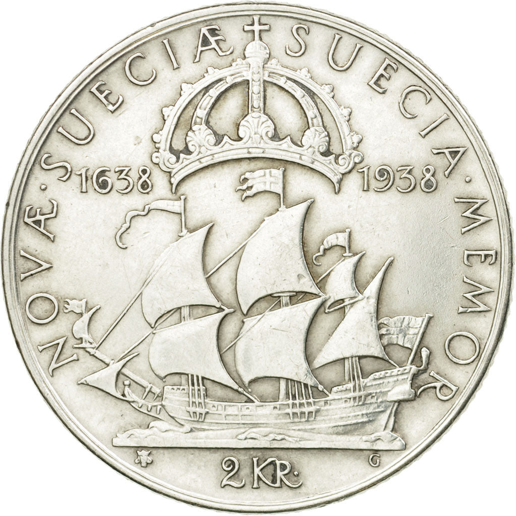 Coin, Sweden, Gustaf V, 2 Kronor, 1938, AU(55-58), Silver, KM:807