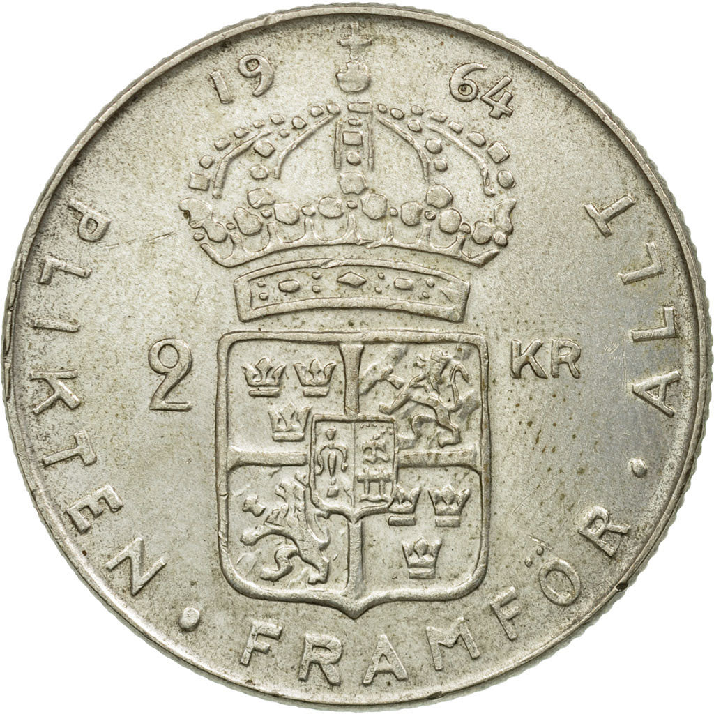 Coin, Sweden, Gustaf VI, 2 Kronor, 1964, AU(55-58), Silver, KM:827