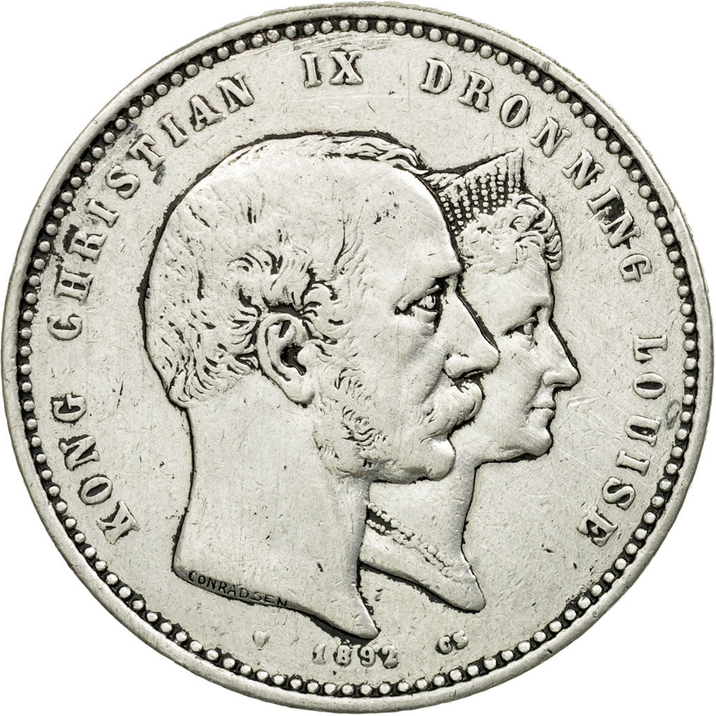 Coin, Denmark, Christian IX, 2 Kroner, 1892, Copenhagen, VF(30-35), Silver