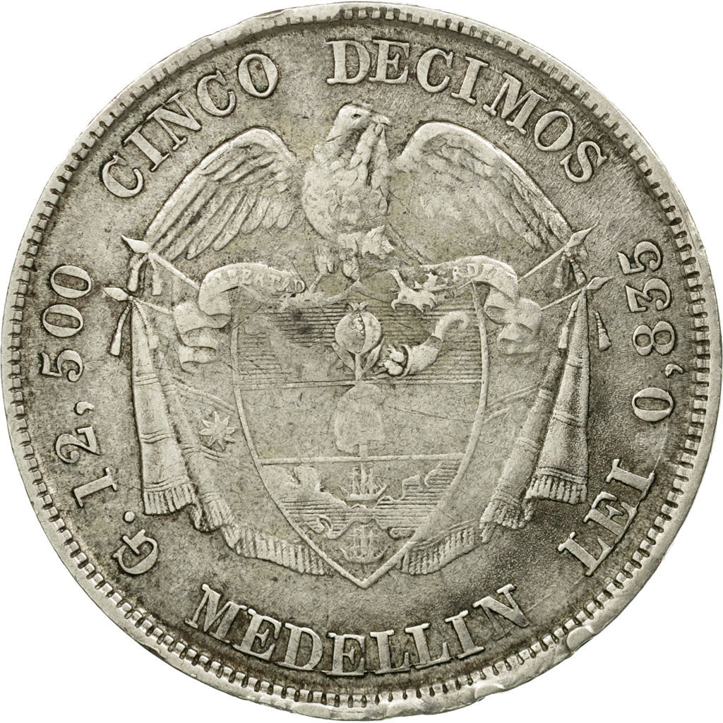 Münze, Kolumbien, 5 Decimos, 1881, Medellin, S+, Silber, KM:161.1