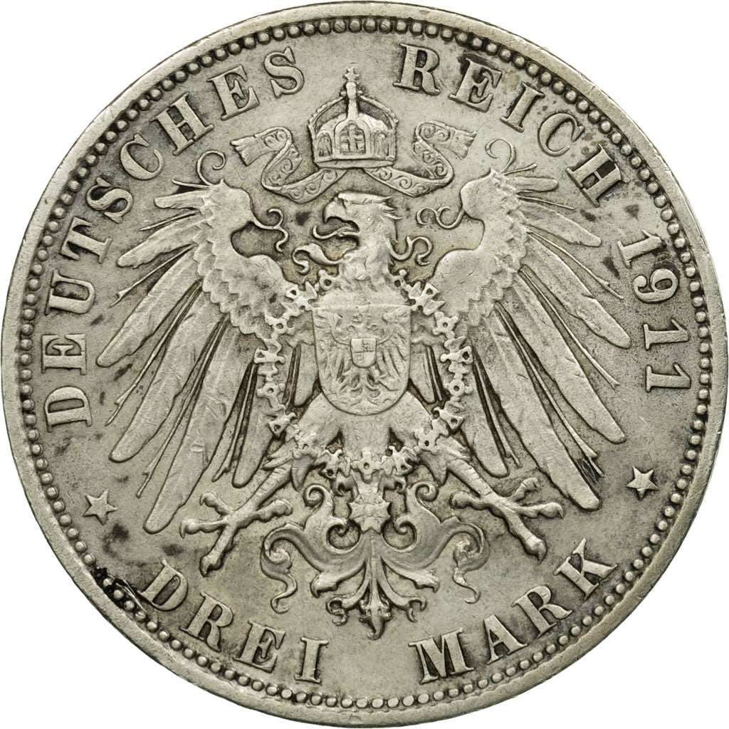 Coin, German States, BAVARIA, Otto, 3 Mark, 1911, Munich, EF(40-45), Silver