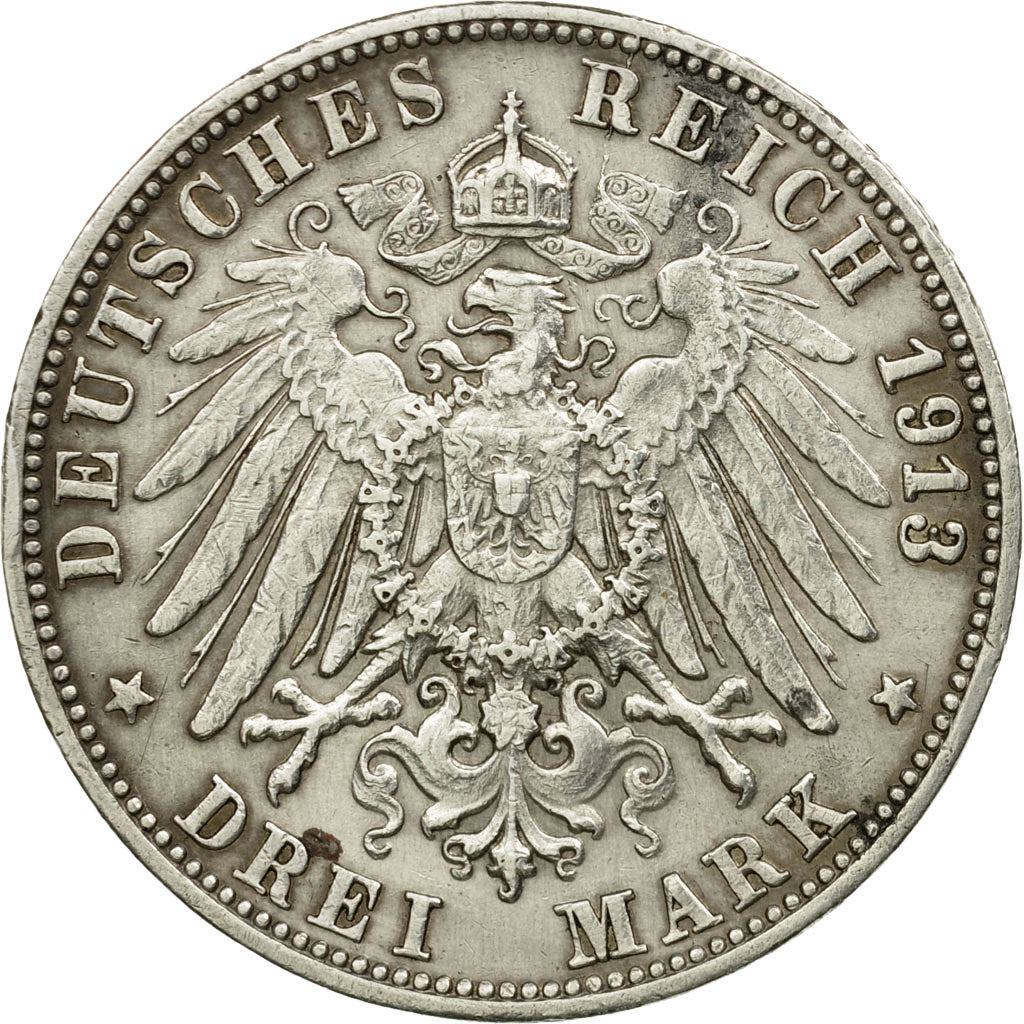 Coin, German States, WURTTEMBERG, Wilhelm II, 3 Mark, 1913, Freudenstadt