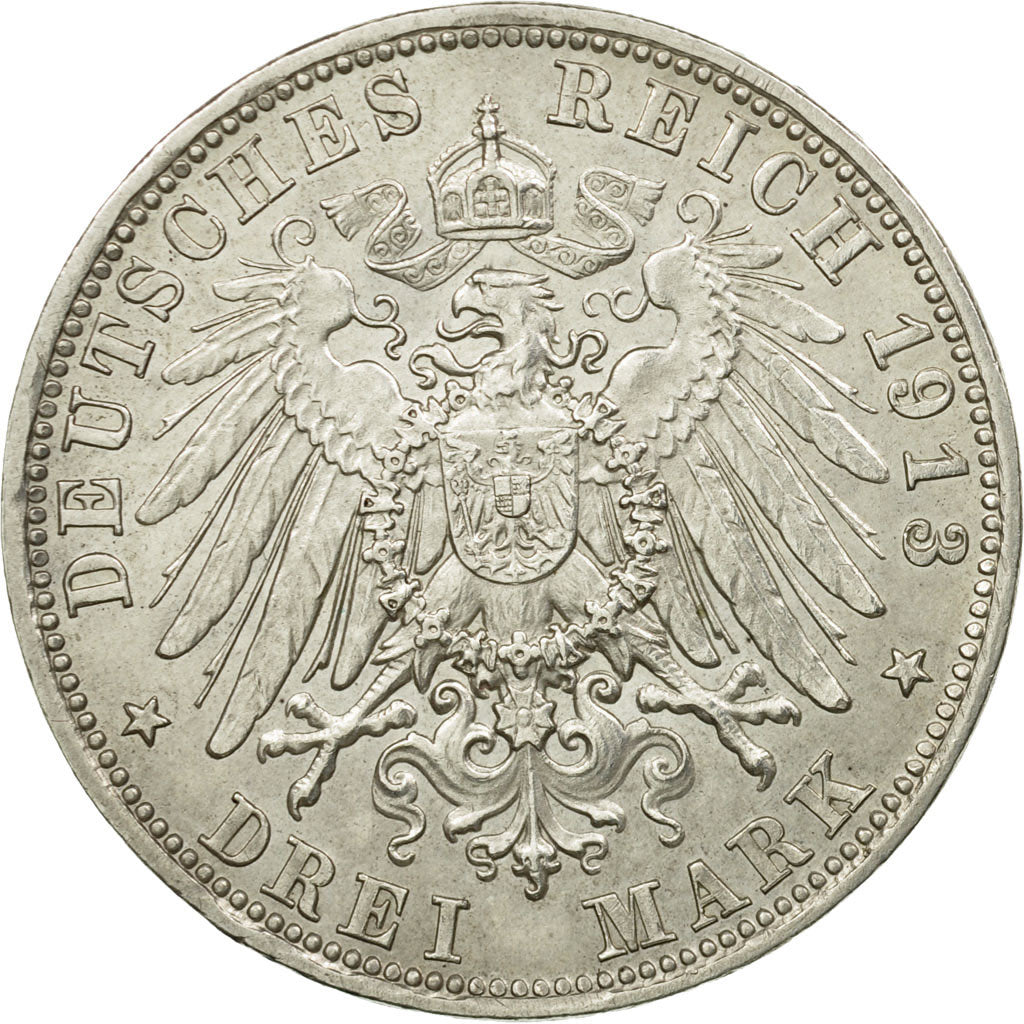 Münze, Deutsch Staaten, BAVARIA, Otto, 3 Mark, 1913, Munich, SS+, Silber
