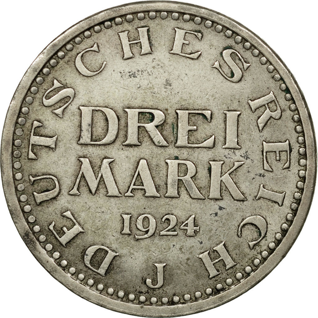 Coin, GERMANY, WEIMAR REPUBLIC, 3 Mark, 1924, Hamburg, EF(40-45), Silver, KM:43