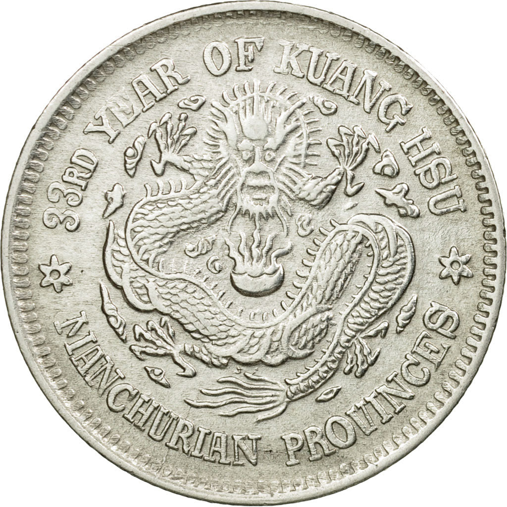Coin, China, MANCHURIAN PROVINCES, Kuang-hs, 20 Cents, 1907, AU(55-58), Silver