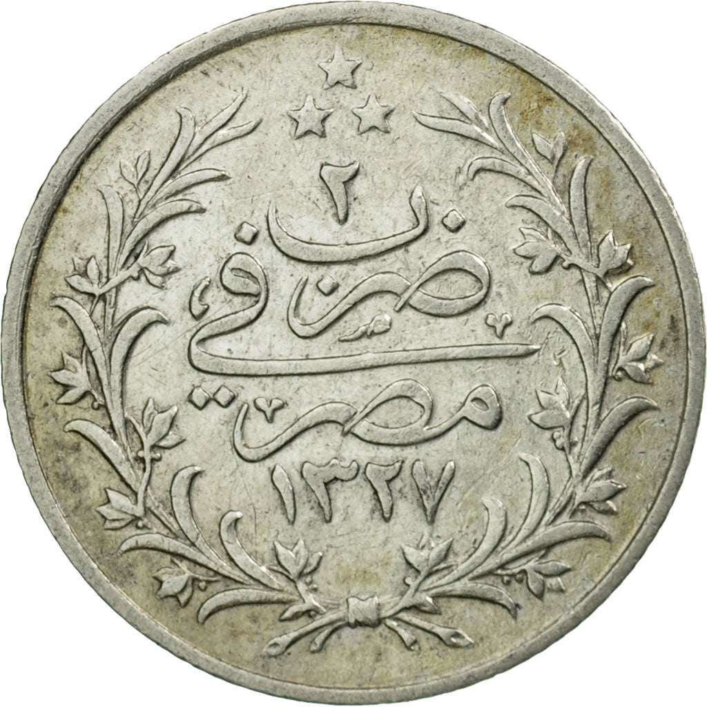 Moneda, Egipto, Muhammad V, Qirsh, 1910 (AH 1327/2), Misr, EBC, Plata, KM:305