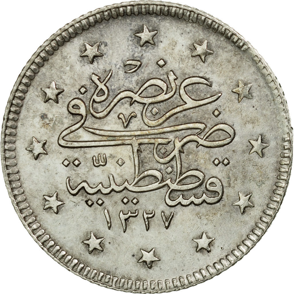 Coin, Turkey, Muhammad V, 2 Kurush, 1909 (AH 1327/1), Qustantiniyah, AU(55-58)
