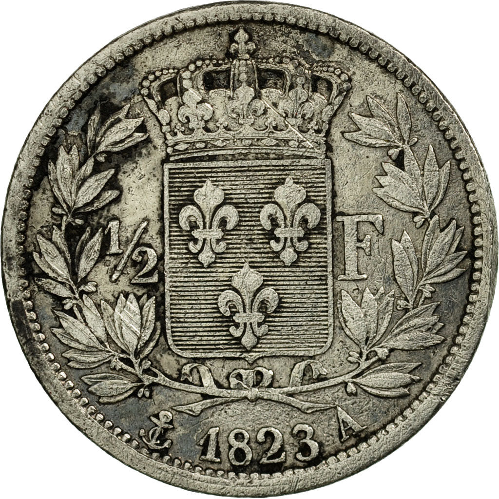 Coin, France, Louis XVIII, 1/2 Franc, 1823, Paris, VF(20-25), Silver